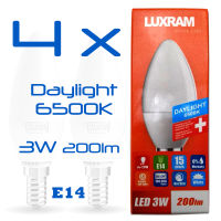 LUXRAM Daylight 6500K เกลียวเล็ก E14 ทรงจำปา 3w , หลอดไฟ LED โทนแสงสีขาว Daylight 6500K จำนวน 4 หลอด