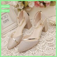 In stock, Ship In a day!!!! Womens Spring Autumn New Sequin Wedding Shoes All-Matching Thick Heel Shoes Buckle Bridesmaid Mid Heel