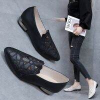 [JXHY] Single shoes Jurchen soft leather hollow breathable embroidery ladies mother shoe thick heel soft sole work shoes