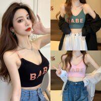 ?FC พร้อมส่ง?เสื้อสายเดี่ยวตัวสั้น สายปรับได้ อกพิมพ์ลาย BABE มีฟองน้ำ 7 สี