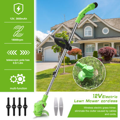 Electric Lawn Mower Rechargeable Li-ion B-attery Cordless Grass Trimmer Auto Release Household Portable Garden Home Trimming Machine for Gardening Green,1pcs, 2pcs B-attery(optional)
