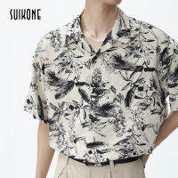 Mens Shirt Summer Beach Thai Floral Shirt Ink Smudged Short Sleeves Shirts