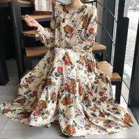 [EWQ] Retro O-neck Flowers Printed Casual Dress Spring 2022 Women New Loose Lantern Sleeve Mid-calf A-line Dresses Tide 16R1340