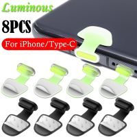 8Pcs Luminous Dust Plug Lossproof Charging Port Dustplugs for IPhone Samsung Xiaomi IPad Tablet IOS Type C Silicone Dustplug New Electrical Connectors