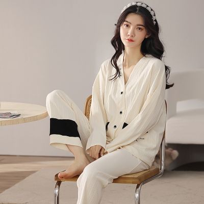 QSROCIO New Autumn Womens Pajamas Set High Quality Pit Stripes Sleepwear V Neck Cotton Nightie Homewear Nightwear Pyjamas Femme