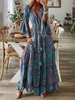 jkk Boho Beach Floral Print V-Neck Sleeve Female Vestidos