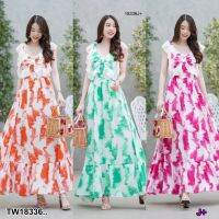 MM18336 เดรสยาว มัดโบว์หลัง พิมพ์ลาย Long dress with a bow at the back, printed pattern..