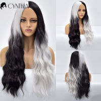 Ombre Natural Wave Curly Long Synthetic Wigs With Bangs Grey To Black For Women Fake Hair Heat Resistant Daily Cosplay Wavy Wig