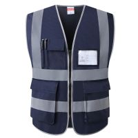 Reflective Safety Vest High Visibility Navy Blue Construction Protector with Reflective Strips with Five Pockets