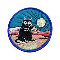 Little Black Cat in the Desert Iron on Patches Embroidery Sewing Accessories Blue Round Embroidered Not know what to do Emblem