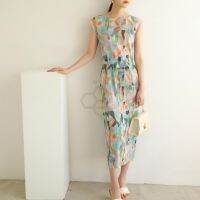 ●✧ Aiden001 Average Size Summer Pleated Print Mid-Length Back Slit (With Belt) A-Line Dress 6946