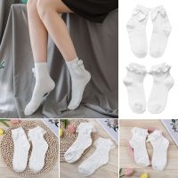 ถุงเท้าหุ้มข้อ IBCH53ถุงเท้าดอกไม้โลลิต้าผู้หญิง JK ถุงเท้าผ้าฝ้ายบริสุทธิ์ถุงเท้าลูกไม้สีขาวถุงเท้าติดโบว์