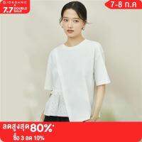 GIORDANO Women T-Shirts Asymmetrical Collage Ruffle Fashion Tee 100% Cotton Short Sleeve Crenweck Simple Casual Tshirts 18323201