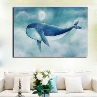 โปสเตอร์และภาพพิมพ์รูปวิวทะเลรูปผ้าใบวาดภาพปลาวาฬสีน้ำเงินน่ารักภาพติดผนังสำหรับเด็ก