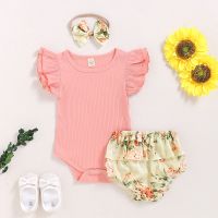 [COD] Cross-border summer new baby and toddler suit flying sleeve romper floral headdress three-piece childrens