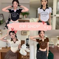 DD SHOPพร้อมส่ง M1917 เสื้อไหมพรมแขนสั้นคอปก เสื้อลายกระต่ายคิ้วมาก 4สี -C