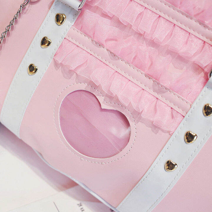 japan-harajuku-kawaii-shoulder-bag-women-jk-lace-ruched-handbag-lolita-transparent-heart-hand-bag-with-plush-pendant