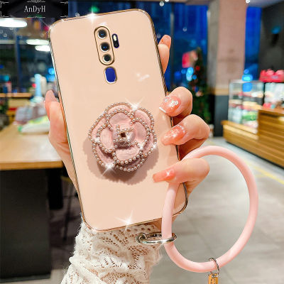 AnDyH For OPPO A5 2020 A9 2020 Case,Fashion Luxury Beautiful Girls Floral Stand + Hand Ring Simple Solid Color Plated Soft Phone Case