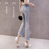 Sweetheart Princess Style Diamonds Bowknot Strap Jeans Womens Nine Fen Iron Frings Chain Microflare Pants