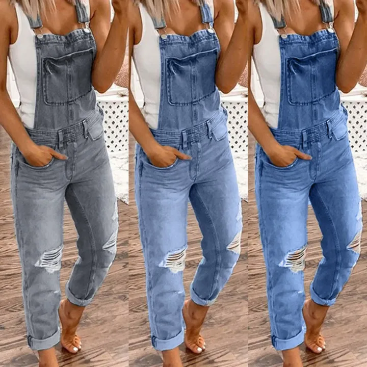 Casual Ripped Jumpsuits ผู้หญิง Rompers Overalls Denim กางเกงยีนส์ล้าง