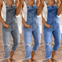 Jumpsuits สำหรับผู้หญิง dressy washed DENIM Bib กางเกงยีนส์ overalls ripped DENIM Jumpsuits Rompers combinaison Femme COMBINATION เป็นการรวมกัน Janesh