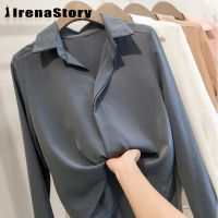 เสื้อขนาดใหญ่หญิง IRENASTORY สีทึบหลวมแขนยาวเสื้อชีฟองเสื้อซับใน