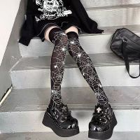 【LZ】❀♛▥  Subculture Classic Lolita Black Goth Meias Coxa Highs Meninas Japonesas Gótico Punk Retro Spider Web Crânio Bat Meias Longas