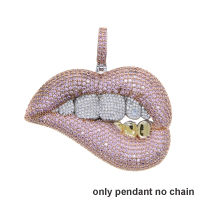 Micro Pave Clear Pink Cubic Zirconia Big Drip Lip Pendant Necklace For Women Hiphop Iced Out Bling 5mm CZ Tennis Chain Choker