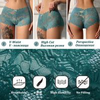 ；【‘；- 3PCS Women  Lace Panties Floral Perspective Uderwear Solid Color Intimates Boyshort Female V-Waist Breathablle Soft Lingerie