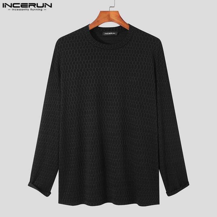 incerun-เสื้อยืดถัก-แขนยาว-คอกลม-ทรงหลวม-สีพื้น-สําหรับผู้ชาย