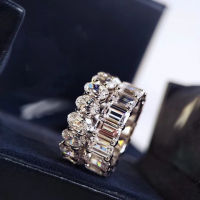 คุณภาพสูง-Luxury Shiny Brilliant Diamond Tryst Prong-Set Oval &amp; Emerald Cut Timeless Wedding Statement Ring 18K White Gold Plated On 925 Silver Not Fade Not Rust Stackable Ring