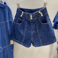 กางเกงรัดรูปทรงเอไลน์สำหรับผู้หญิงการออกแบบทันสมัย Celana Pendek Denim เอวสูงเพรียวบางแบบสามเม็ด