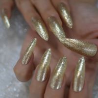 Extra Long Gold Glitter Fake Nail Designer Nails Salon Acrylic Nails Stick On Sharp Manicure Fingernails