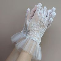 ♗▦ Bridal Wedding Dress Lace Korean Style French Short Tulle Transparent Exquisite Lace Pearl Gloves