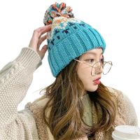 【YD】 Colorful Fur Knitted Hat with Balls Woollen Warm Skullies