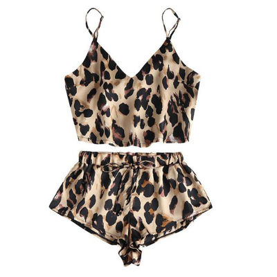 Pins MALL Sexy Leopard Satin Sling Pajama Set Women Tube Tops Shorts Sleepwear Homewear