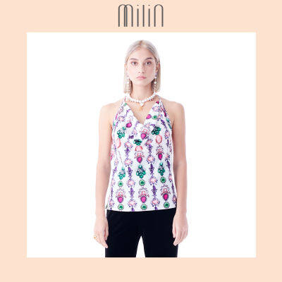 [MILIN] Jelwel degital print satin halter top เสื้อคอถ่วงคล้องคอพิมพ์ลาย Sierra top