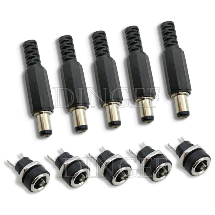 10PCS 5Pair 5.5x2.1mm 5.5x2.5mm DC Power Plug Male Female Jack Socket Nut Panel Mount DC Power Adapter Connector DC022B DC-022B  Wires Leads Adapters