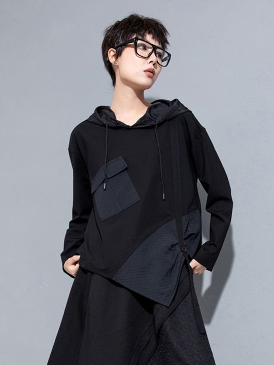 xitao-t-shirt-women-asymmetrical-folds-hooded-top