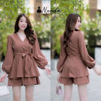 dee-ya shop เสื้อผ้าแฟชั่น จั๊มสูทขาสั้น สีน้ำตาล พร้อมส่ง