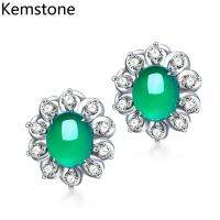 Kemstone สร้างสรรค์ต่างหูรูปดอกไม้ชุบทองคำขาวสร้าง chrysoprase ต่างหูสตั๊ดสำหรับผู้หญิง