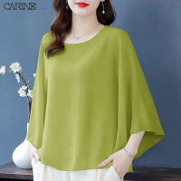 (S-5XL)CARINE เสื้อเชิ้ตแขนค้างคาวสำหรับเสื้อผู้หญิงคอกลมแขน3/4แบบหลวมเสื้อยืดปิดหน้าท้องสำหรับผ้าชีฟองสีทึบ