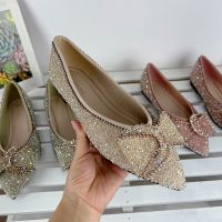 Gentle wind bridesmaid shoes [focus on large size assembly line] Bulling rhinestone bowknot soft bottom scoop shoes large size womens shoes 【QYUE】