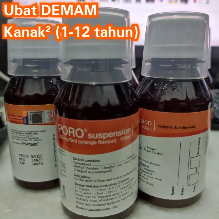 Ubat Demam Kanakkanak PORO Suspension 250mg/5ml Orange Flavour 100ml