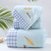 Leaf Jacquard Towel Embroidered Letter Absorbent Home Household Couple Face Bath Towel Set Blue Plaid Hand Towel for Girls Boys