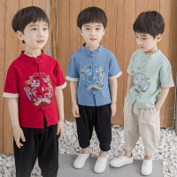 【CW】3Colors Chinese Boys Coutumes Sets Traditional Clothes Tang Suit Baby Cotton Tops Coat Short Sleeve Shirts Loose Hanfu Pants