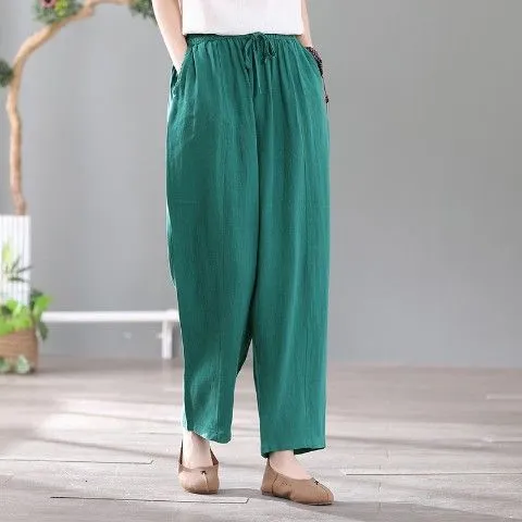 100% Cotton Women's Pants Summer Crop Loose Thin Elastic Waist Wide Leg  Pants Retro Art Versatile Casual Pants