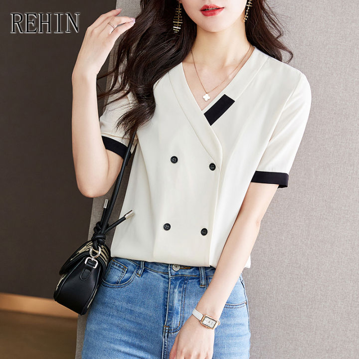 เสื้อสตรี-rehin-คอวีแขนสั้นฝรั่งเศสใส่ทำงานเฉพาะเสื้อชีฟองเก๋