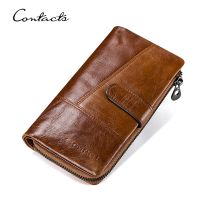ZZOOI CONTACTS Genuine Leather Wallets for Men Long Vintage Bifold Mens Wallet Zipper Coin Purses Card Holders Money Clips Handbags