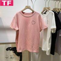 Pure Cotton Bag Collar Pink Heart Printing Short-Sleeved T-shirt Womens Korean-Style Sweet Girl Loose Casual Mid-Length Summer Top